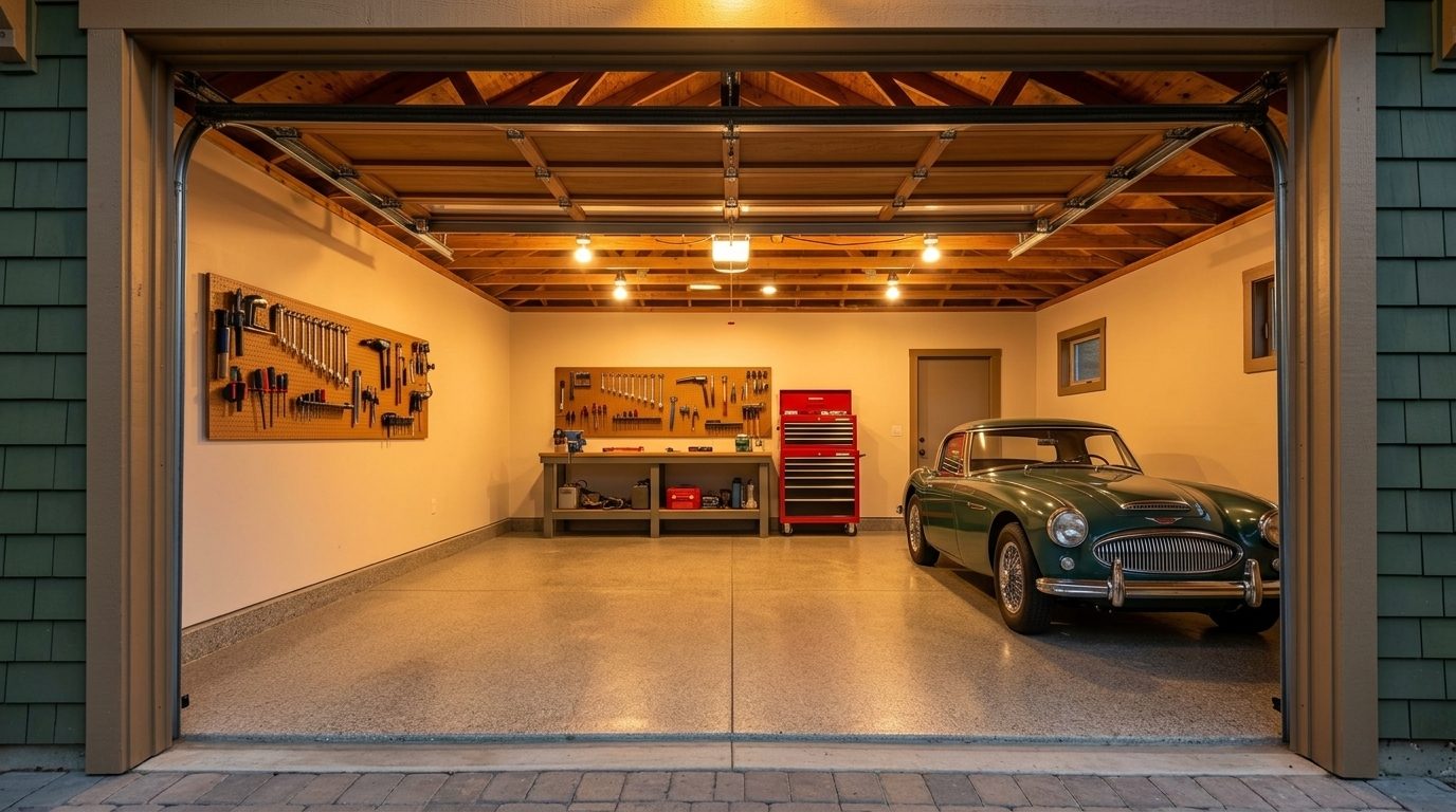 Hampton Garage Door Repair Interior View of Custom Garage Door Overhead and Workshop